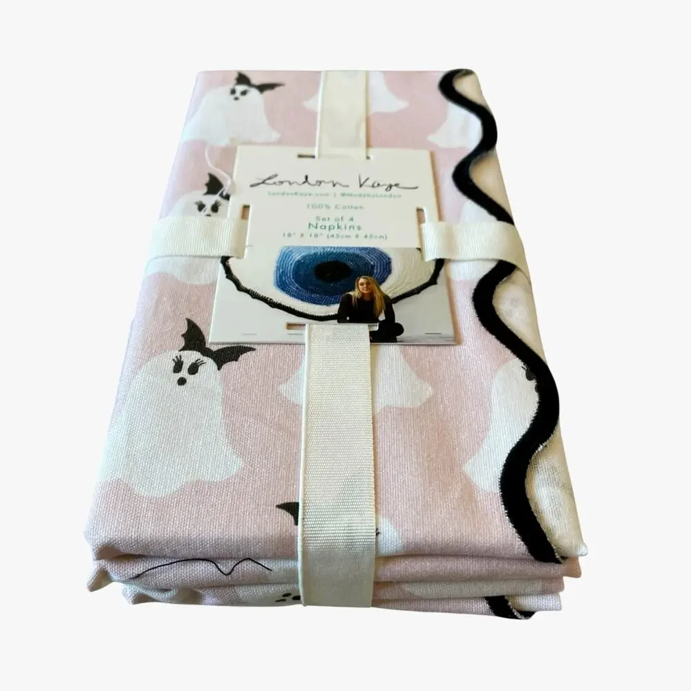 London Kaye Halloween Cotton Napkins 18x18 Set of 4 Pink Pretty Ghosts New